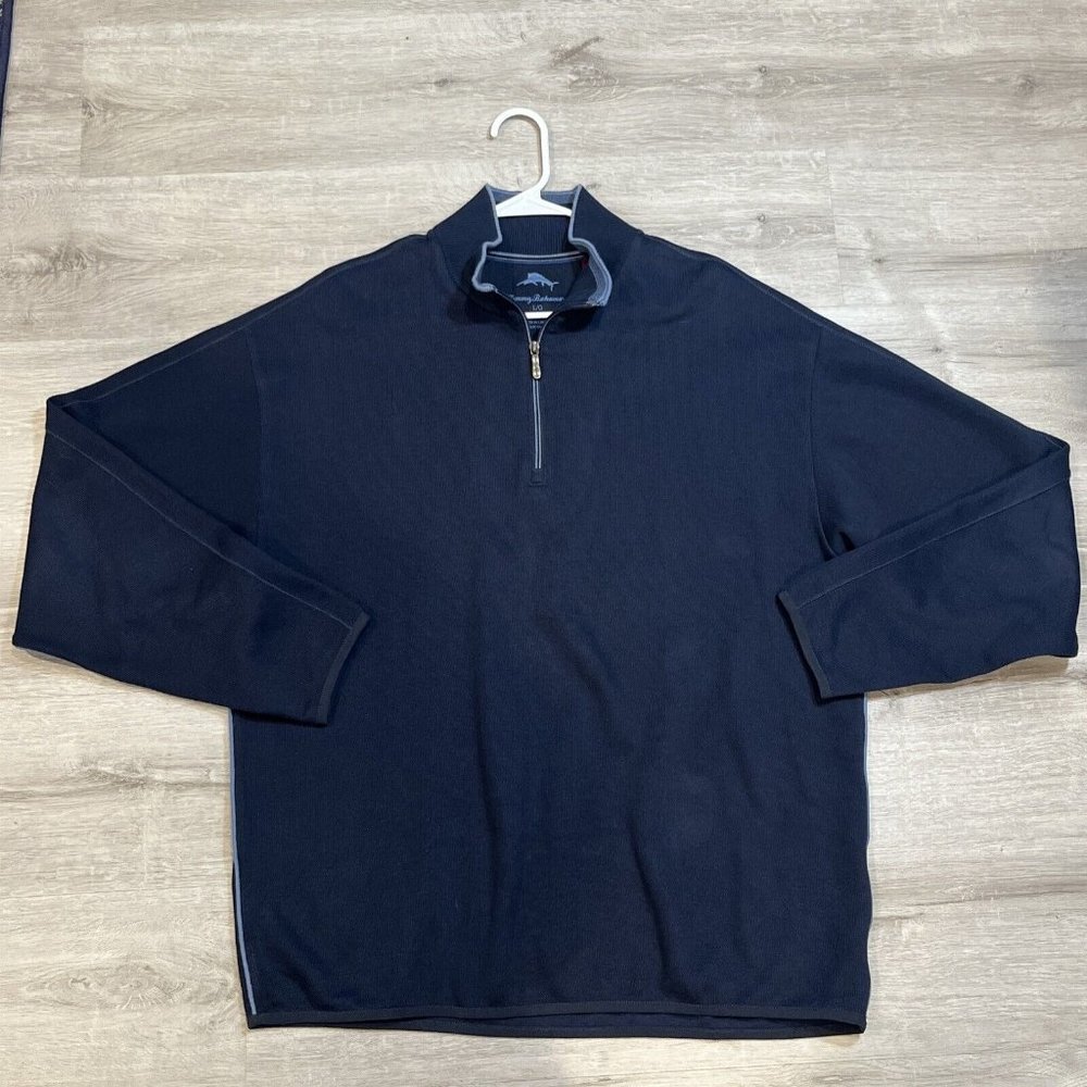 Tommy Bahama Sweater Mens Size L Quarter Zip Cotton  Navy‎ Blue Pullover